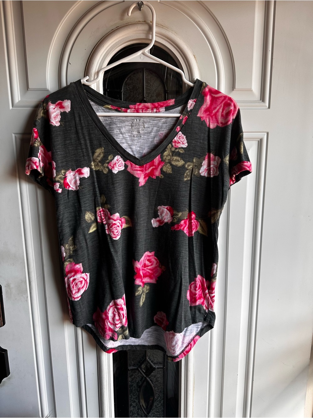 Miracle Black Short-Sleeve V-Neck Top with Pink Rose Print